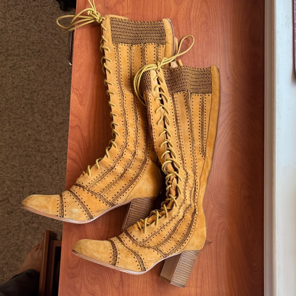 Silent D Tan Leather Lace-Up Knee-High Boots